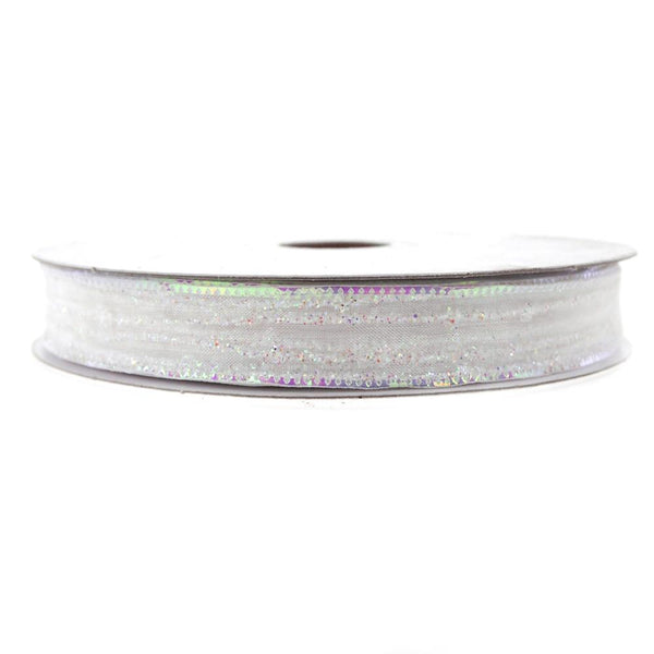 Sheer Glitter Stripe Corsage Ribbon, 5/8-Inch, 50-Yard, White