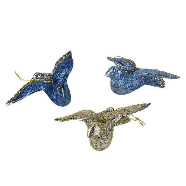 Christmas Glitter Dove Ornaments, Blue/Silver, 3-Inch, 6-Piece