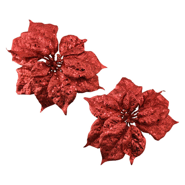 Clip On Glitter Poinsettias Christmas Decorations, 8-Inch, 2-Count - Burgundy