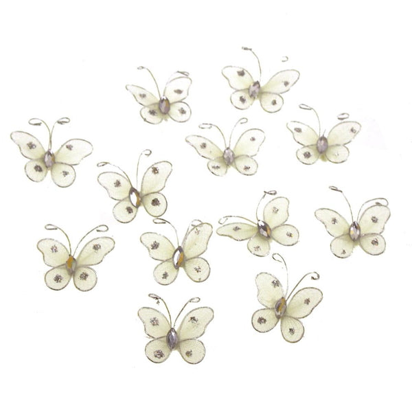 Organza Nylon Glitter Butterflies, 1-inch, 12-Piece, Ivory