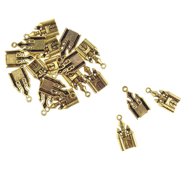 Antique Style Metal Castle Charms, Gold, 1-Inch, 18-Count