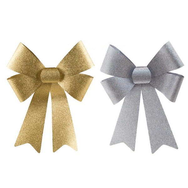 Plastic Christmas Bows with Glitters, 14-Inch, 2-Piece - Gold/Silver