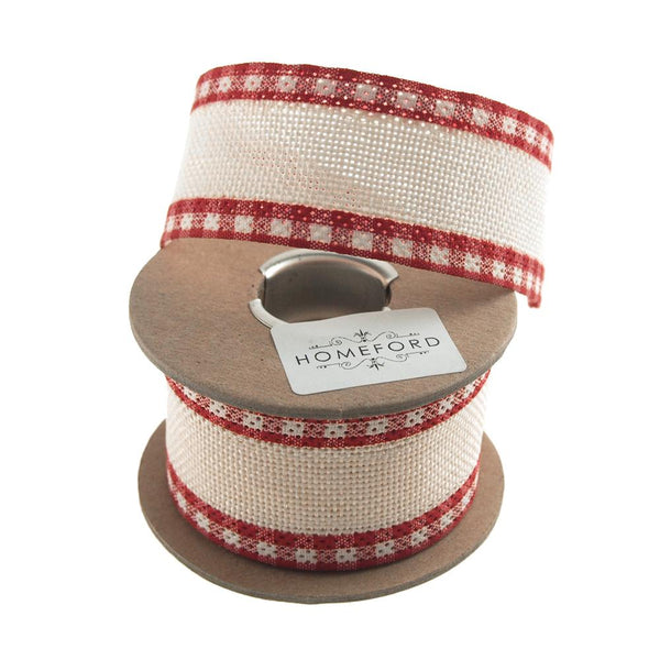 Picnic Burlap Ribbon Wired Edge, 1-1/2-Inch, 5 Yards, Ivory/Red