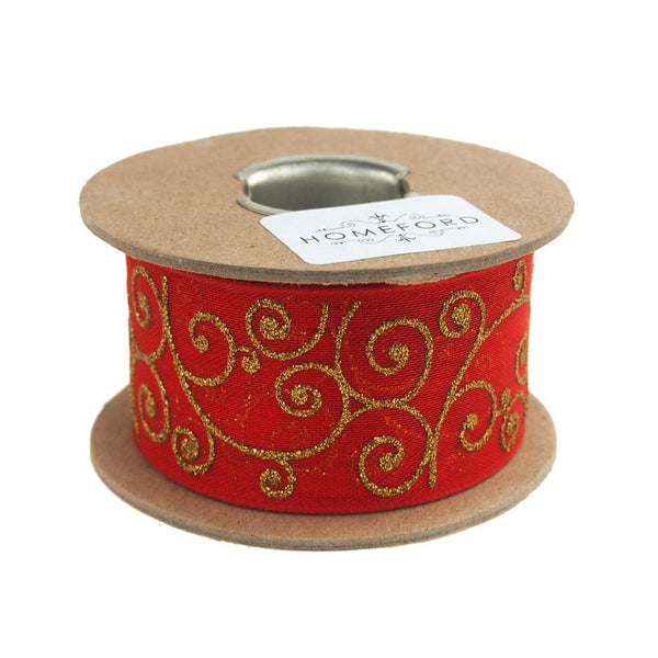 Glitter Swirl Christmas Satin Ribbon Wired Edge, 1-1/2-Inch, 9 Yards, Red