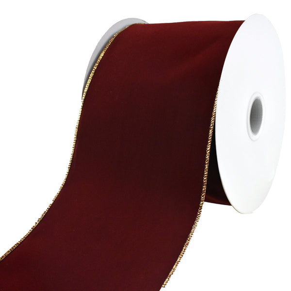 Christmas Velvet Wired Edge Ribbon, Burgundy/Gold, 6-Inch, 50-Yard