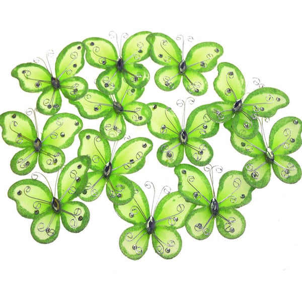 Organza Nylon Glitter Butterflies, 2-inch, 12-Piece, Apple Green