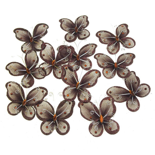 Organza Nylon Glitter Butterflies, 2-inch, 12-Piece, Brown