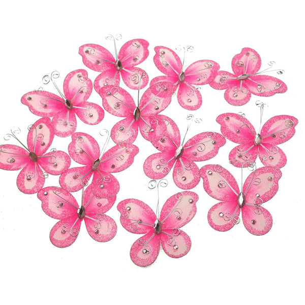 Organza Nylon Glitter Butterflies, 2-inch, 12-Piece, Light Pink