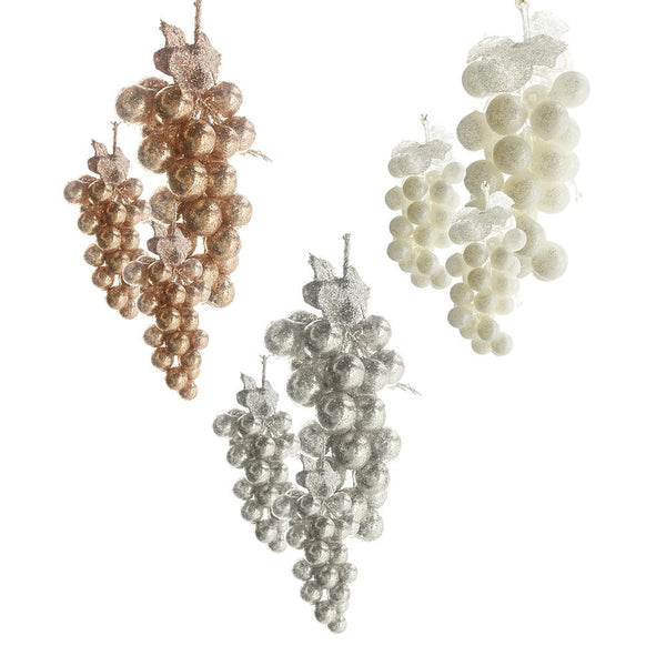 PVC Glittered Grape Cluster Ornaments, Ivory/Rose Gold,  Assorted Sizes, 9-Piece