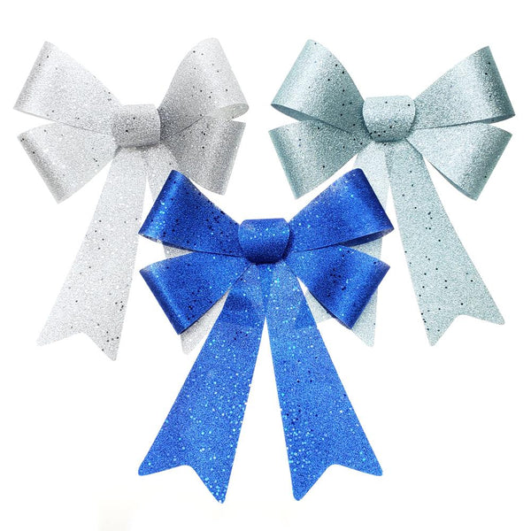 Glitter Plastic Christmas Bows, Silver/Royal/Aqua, 16-Inch, 3-Piece