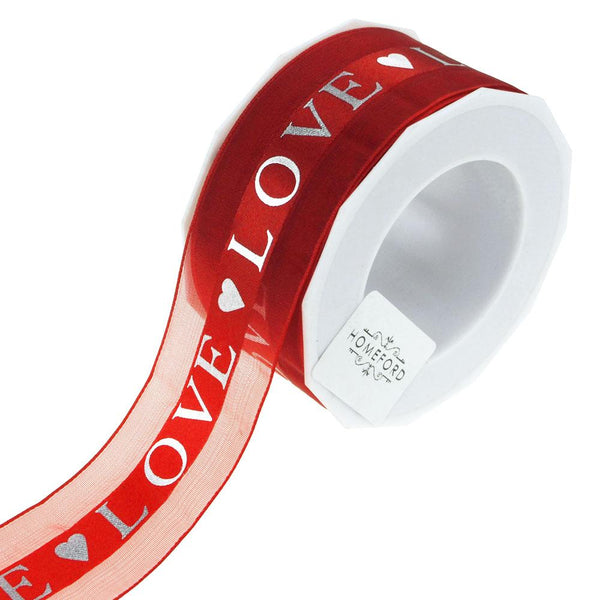 Love Heart Satin Center Organza Ribbon, Red, 1-1/2-Inch, 20-Yard