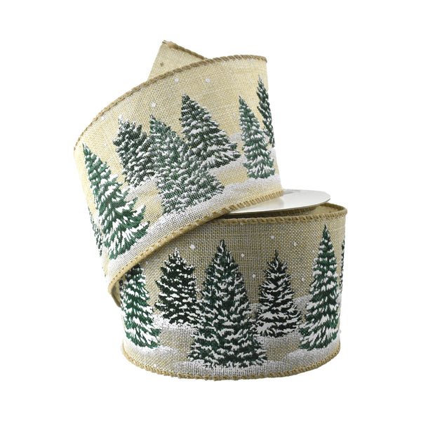 Snowy Christmas Tree Landscape Wired Ribbon, 2-1/2-Inch, 10-Yard