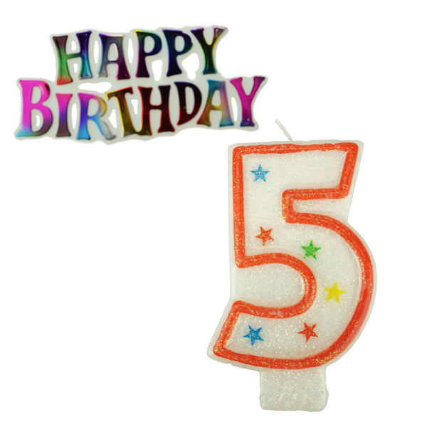 Glitter Number 5 Candle and Happy Birthday Sign, 3-3/8-Inch, 2-Piece