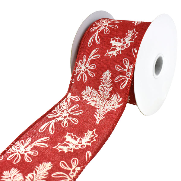 Stamped Christmas Holiday Foliage Wired Ribbon, 2-1/2-Inch, 10-Yard