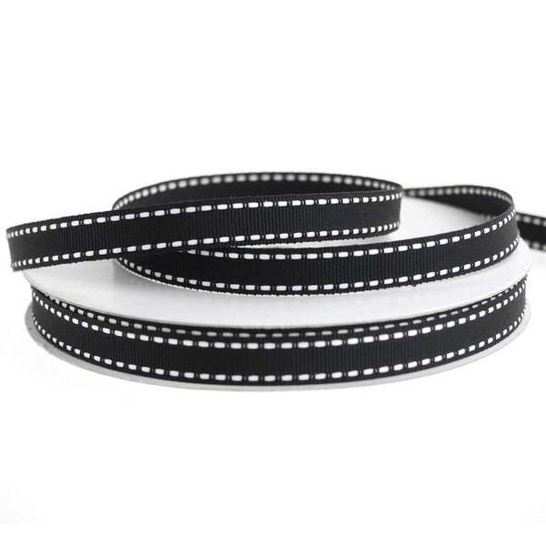 Saddle Stitch Border Grosgrain Ribbon, 3/8-Inch, 25 Yards, Black/White