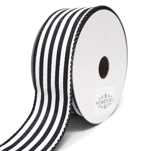 Cabana Stripes Satin Wired Ribbon, Black, 1-1/2-Inch, 10 Yards