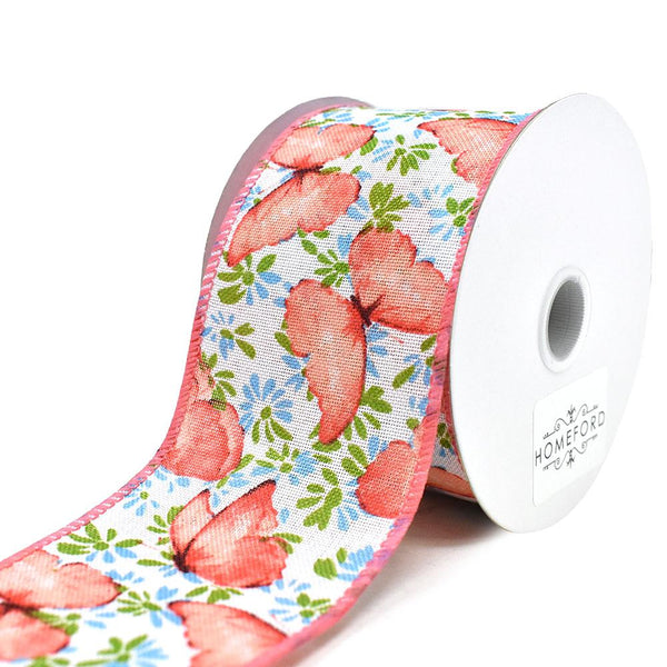 Butterflies and Flowers Linen Wired Edge Ribbon, Coral, 2-1/2-Inch, 10-Yard