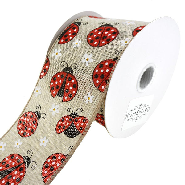 Ladybugs and Daisies Linen Wired Ribbon, Natural, 2-1/2-Inch, 10-Yard