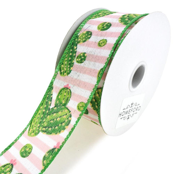 Cactus and Stripes Linen Wired Ribbon, Pink, 1-1/2-Inch, 10-Yard