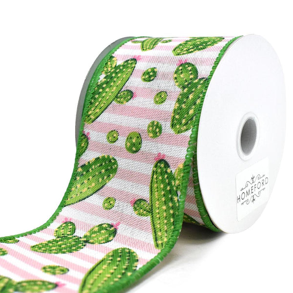 Cactus and Stripes Linen Wired Ribbon, Pink, 2-1/2-Inch, 10-Yard