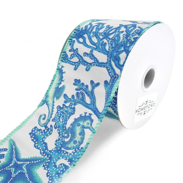 Seahorse, Starfish, and Coral Wired Ribbon, Blue, 2-1/2-Inch, 10-Yard