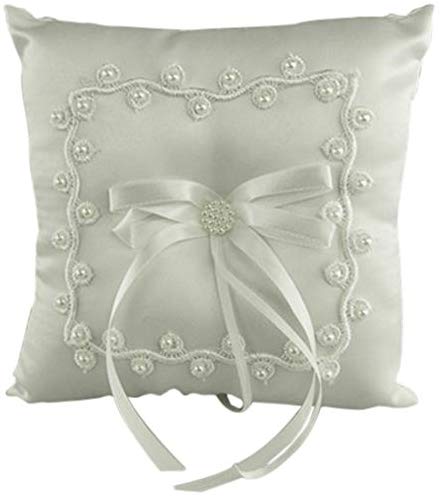 Ring Bearer Satin Pillows Wedding Occassion, 7-inch, Square Pearl & Flower, White, CLOSEOUT