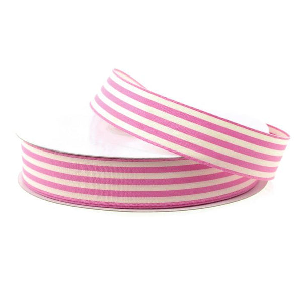 Striped Cotton Ivory Ribbon, 7/8-inch, 25-yard, Pink