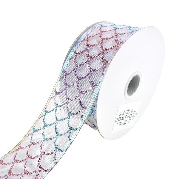 Pastel Glitter Mermaid Fish Scales Wired Ribbon, 1-1/2-Inch, 10-Yard