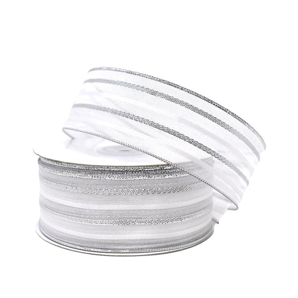 Metallic Stripe Sheer Wired Ribbon, Silver, 1-1/2-Inch, 25-Yard