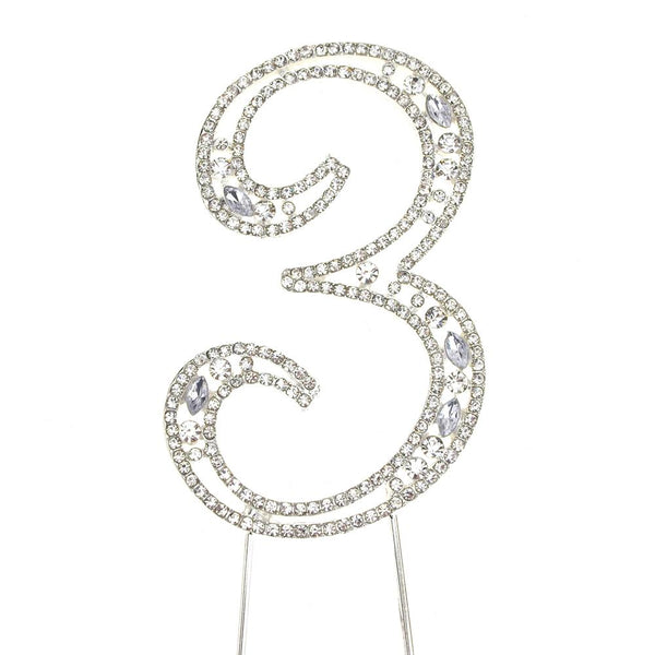 Metal Number Rhinestone Cake Topper, Silver, 3-3/4-Inch, Number 3