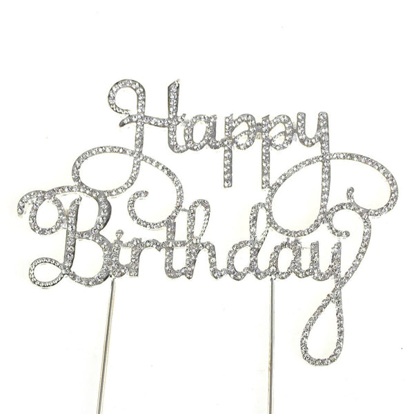 Metal Rhinestone Celebration Cake Toppers, Silver, Happy Birthday