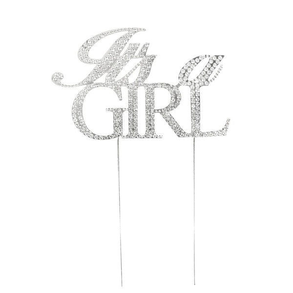 It's A Girl Metal Rhinestone Celebration Cake Topper, Silver