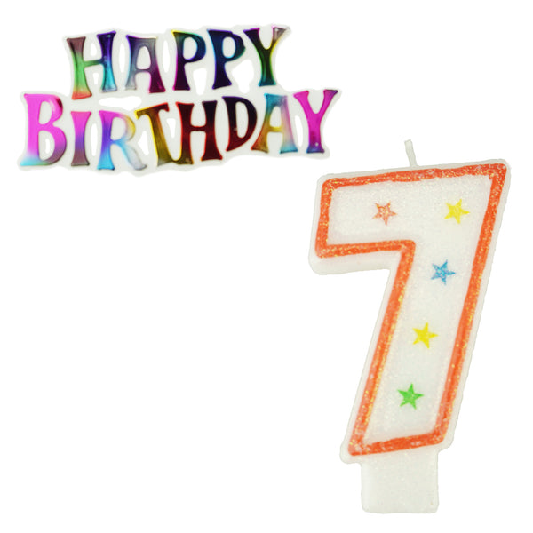 Glitter Number 7 Candle and Happy Birthday Sign, 3-3/8-Inch, 2-Piece