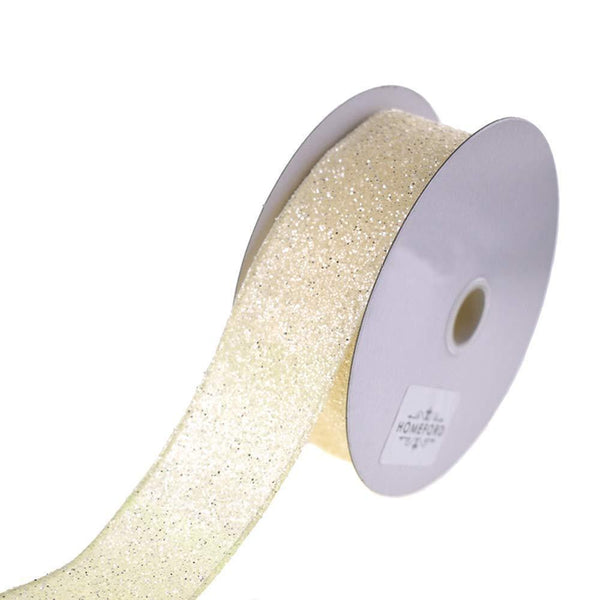 Christmas Glitter Frosted Polyester Wired Ribbon, 1-1/2-Inch, 10-Yard, Ivory