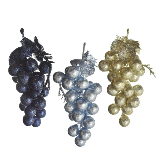 PVC Glittered Grape Cluster Ornaments, Navy Blue/Gold, Assorted Sizes, 9-Piece