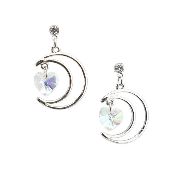 Crescent Moon with Heart Gemstone Pendant Drop Earrings, Silver, 1-1/4-Inch