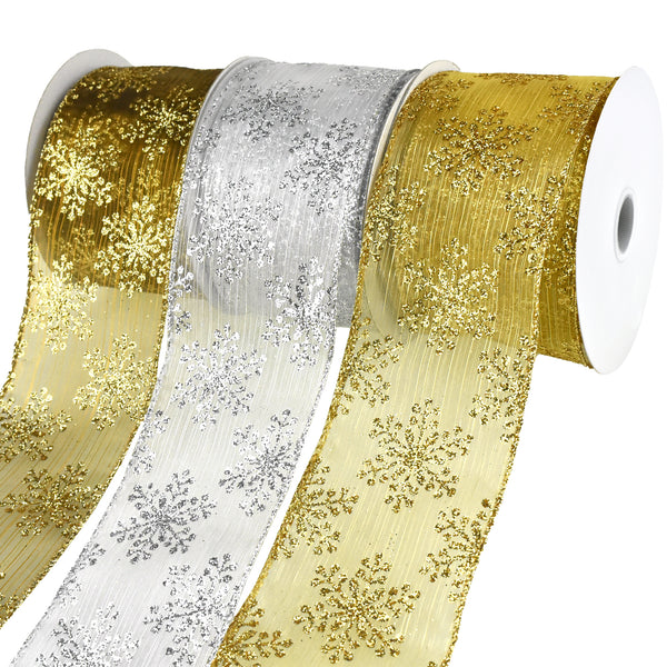 Metallic Glitter Christmas Snowflake, Stripe Sheer Wired Ribbon, 2-1/2-Inch, 10-Yard