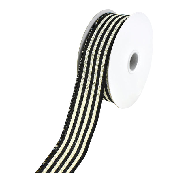 Cabana Stripes Faux Burlap Wired Ribbon, 1-1/2-Inch, 10-Yard - Black/Ivory