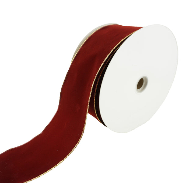 Christmas Velvet Wired Edge Ribbon, Burgundy/Gold, 4-Inch, 50-Yard