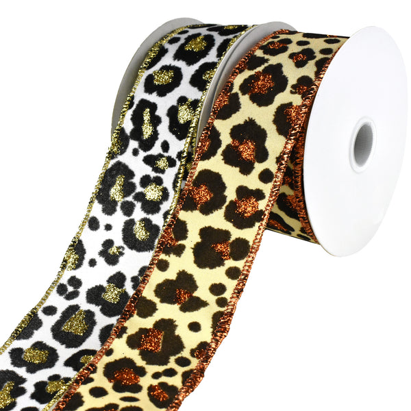 Flocked Cheetah Print Satin Wired Ribbon, 1-1/2-Inch, 10-Yard