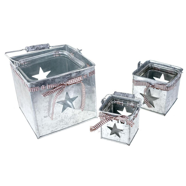 Square Tin Buckets with Star Punch Out, Silver, Assorted Sizes, 3-Piece