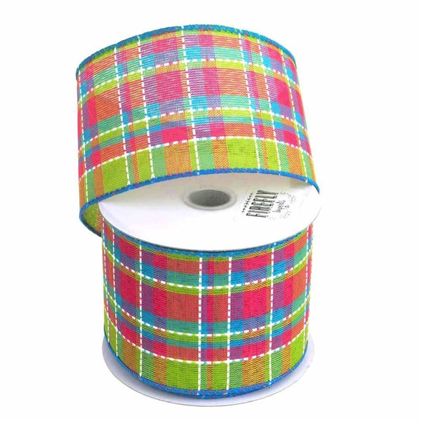 Colorful Dash Plaid Polyester Ribbon Wired Edge, 2-1/2-Inch, 10 Yards, Turquoise