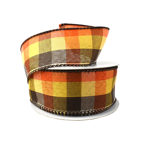 Square Plaid Wired Ribbon, Orange/Brown/Yellow/Cream, 1-1/2-Inch, 10-Yard