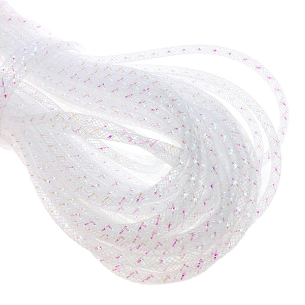 Iridescent Decor Mesh Tube Ribbon, 4mm, 20-Yard, White