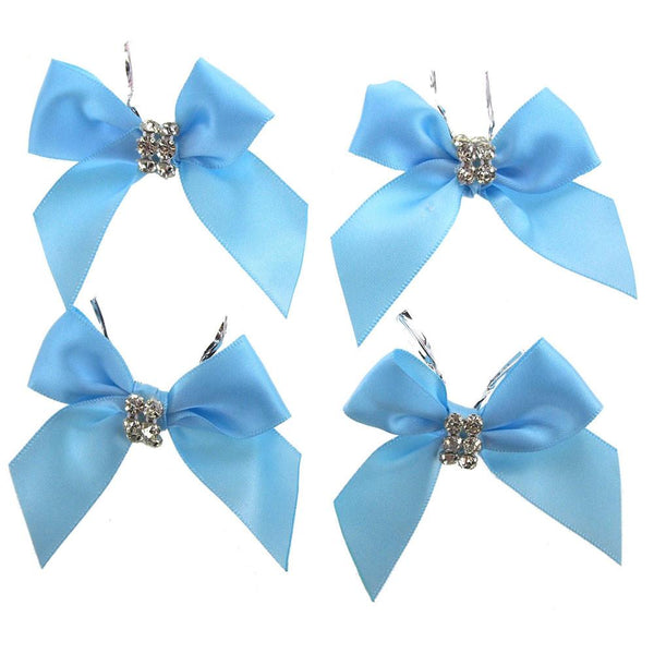 Pre-Tied Satin Bows with Rhinestone, 3-Inch, 4-Piece, Blue