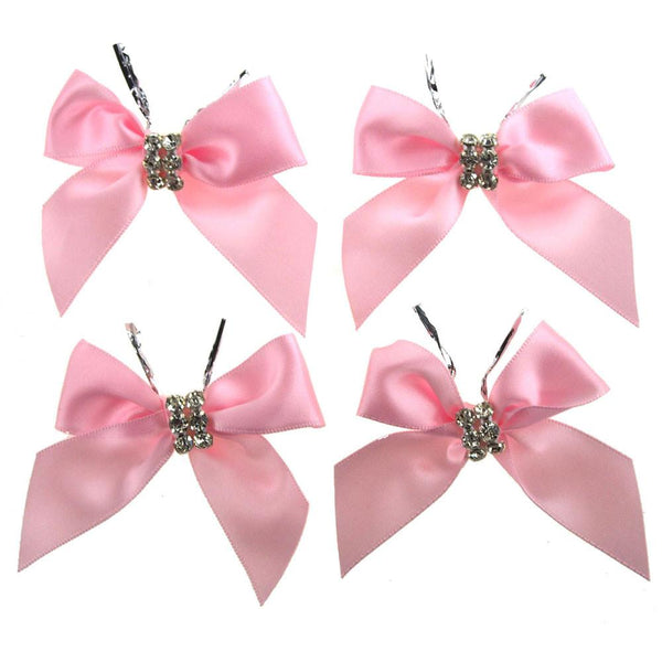 Pre-Tied Satin Bows with Rhinestone, 3-Inch, 4-Piece, Pink