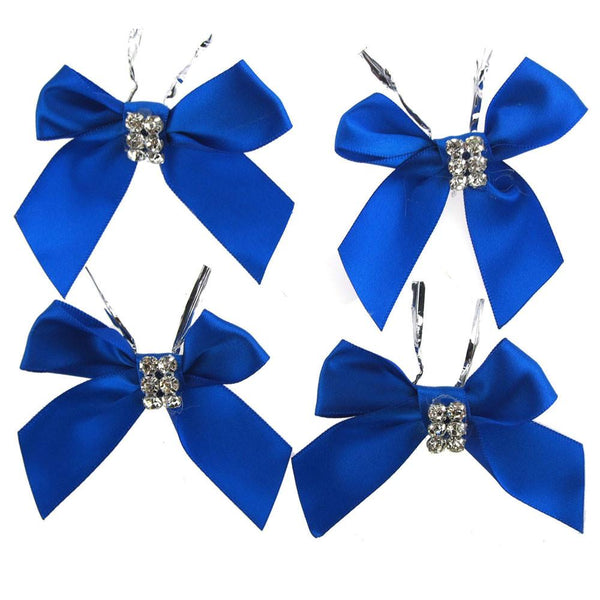 Pre-Tied Satin Bows with Rhinestone, 3-Inch, 4-Piece, Royal Blue