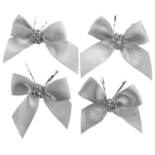 Pre-Tied Satin Bows with Rhinestone, 3-Inch, 4-Piece, Silver