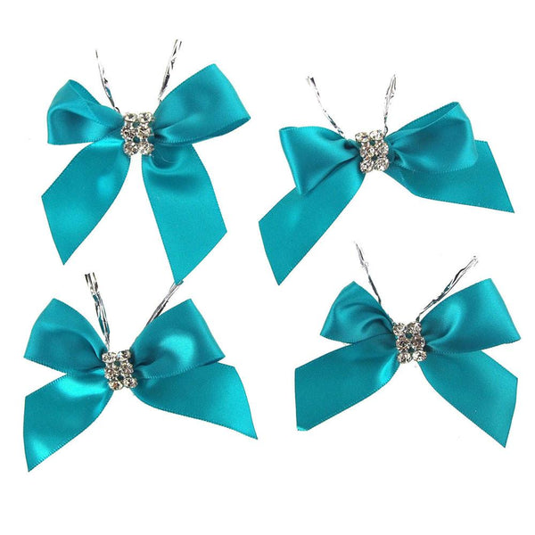 Pre-Tied Satin Bows with Rhinestone, 3-Inch, 4-Piece, Turquoise