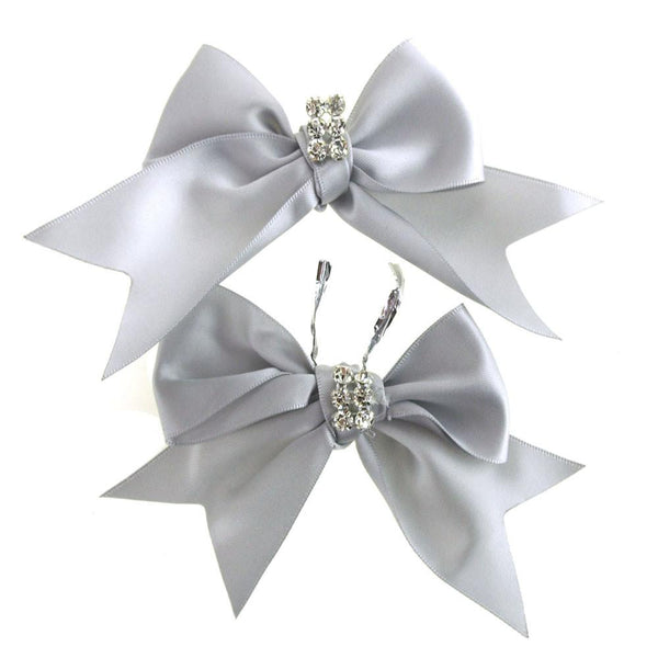 Pre-Tied Satin Bows with Rhinestone, 4-Inch, 2-Piece, Silver